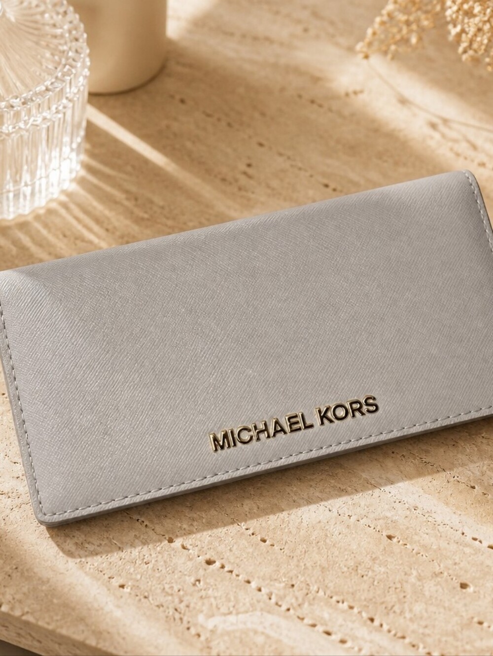 Michael Kors Light Gray Saffiano Leather Wallet with Gold Logo